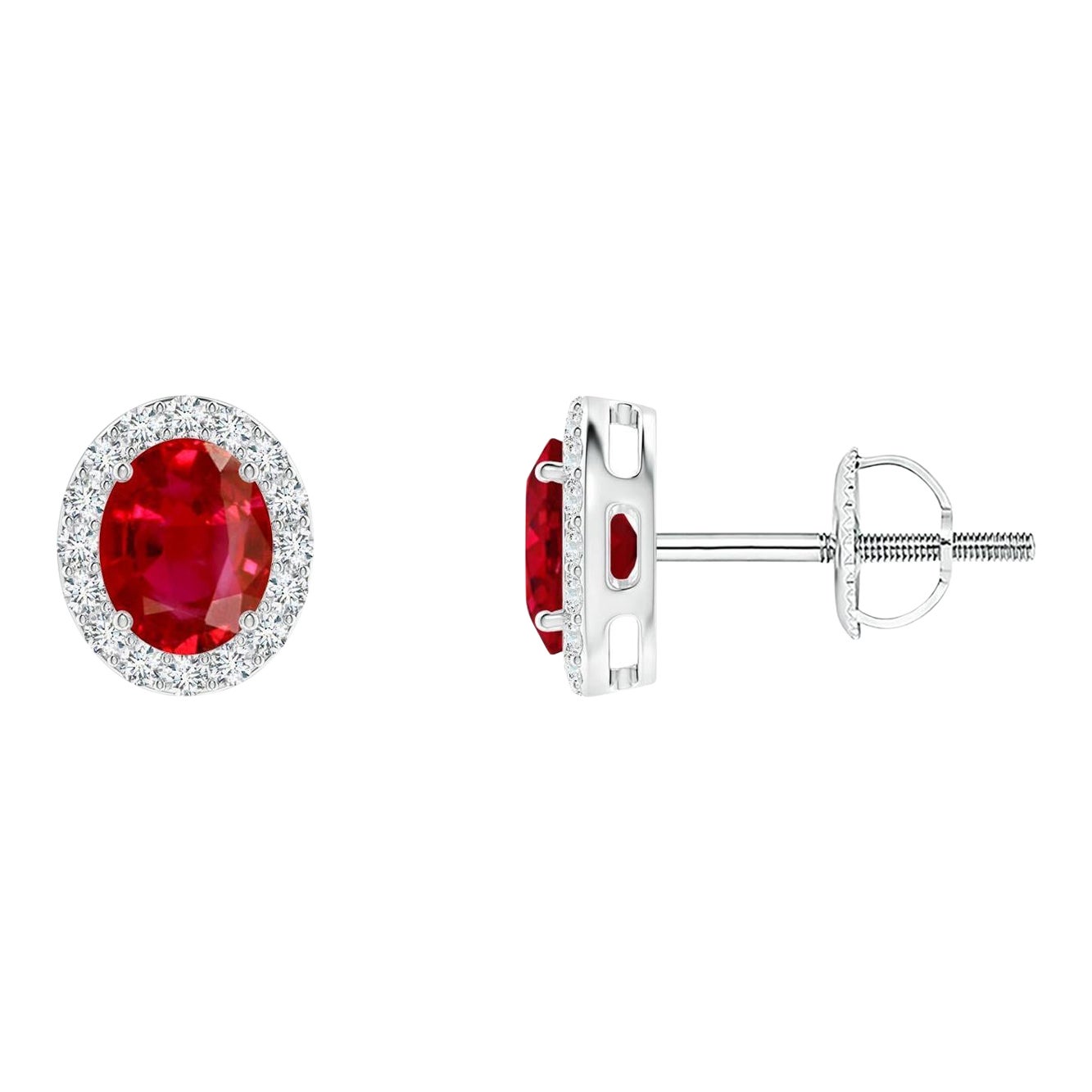 ANGARA Pendientes de rubí natural ovalado de 0,80 ct con halo de diamantes en oro blanco de 14 quilates