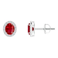 ANGARA Natural Oval 0.80ct Ruby Studs with Diamond Halo in 14K White Gold