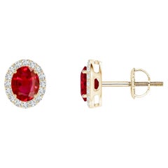 ANGARA Natural Oval 0.80ct Ruby Studs with Diamond Halo in 14K Yellow Gold