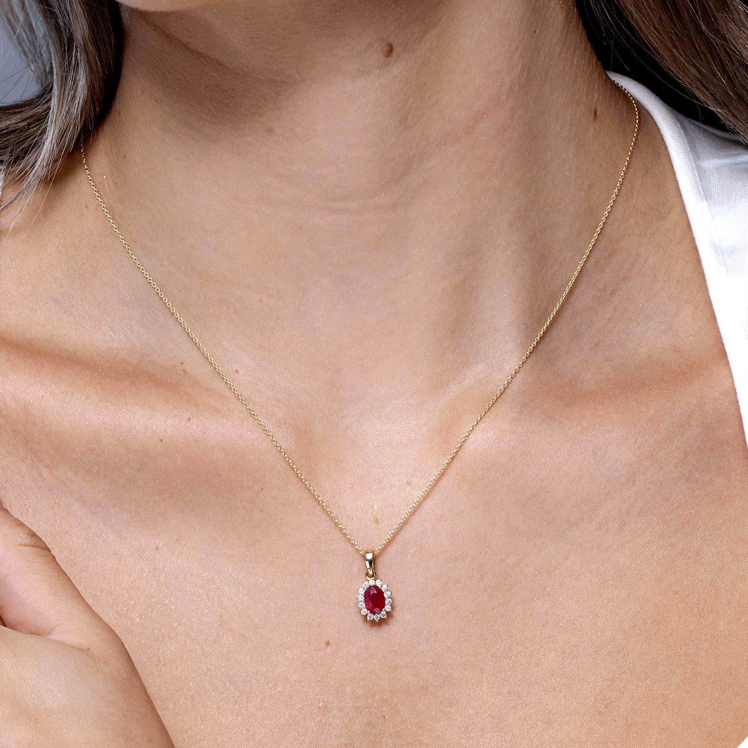 Modern Angara Natural Oval 1 ct Ruby Pendant with Floral Diamond Halo in 14K Solid Gold For Sale
