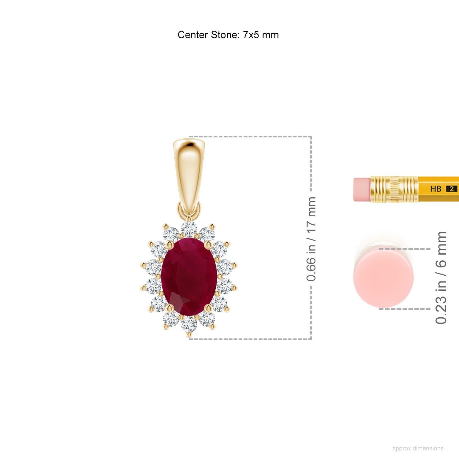 Oval Cut Angara Natural Oval 1 ct Ruby Pendant with Floral Diamond Halo in 14K Solid Gold For Sale