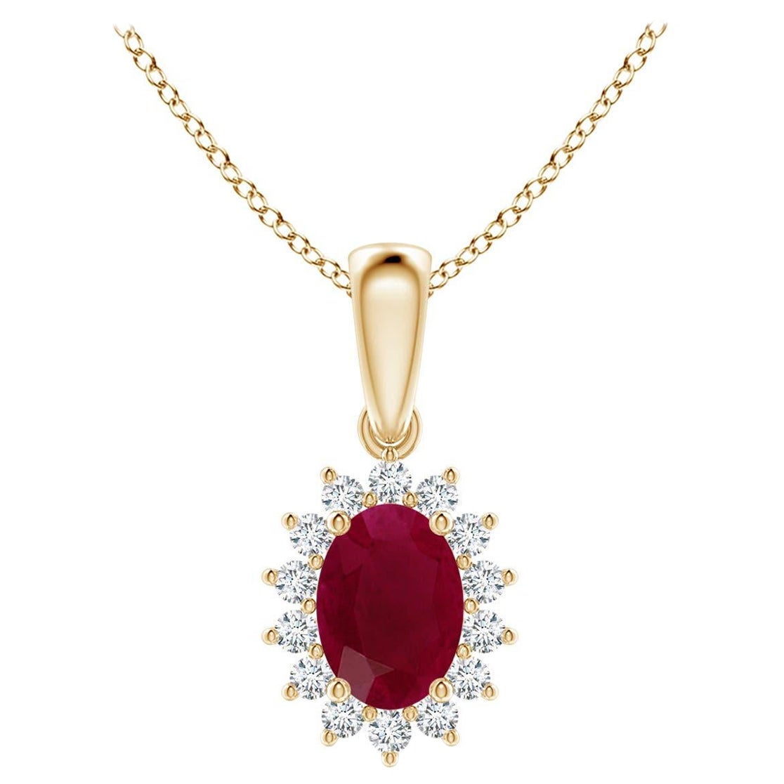 Angara Natural Oval 1 ct Ruby Pendant with Floral Diamond Halo in 14K Solid Gold