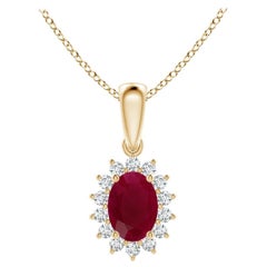 Angara Natural Oval 1 ct Ruby Pendant with Floral Diamond Halo in 14K Solid Gold
