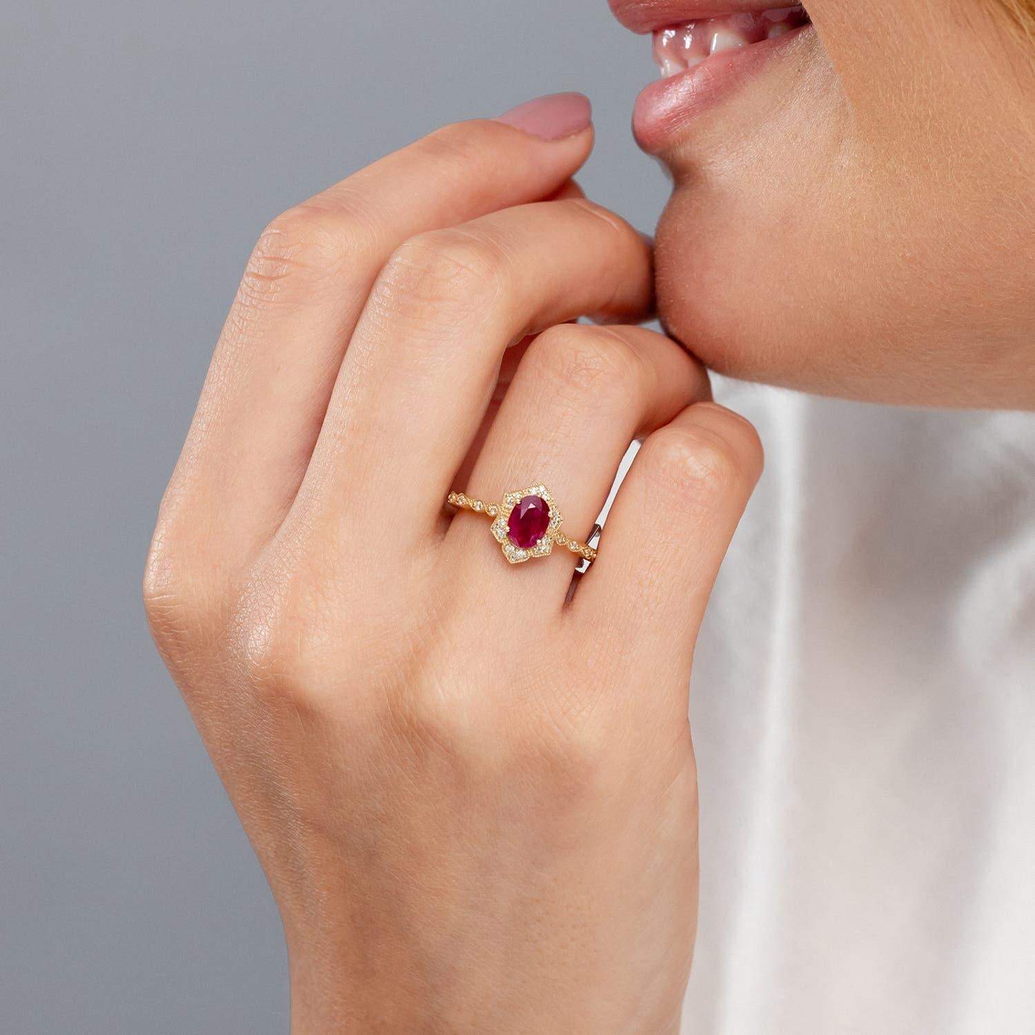 Modern Angara Natural Oval 1 ct Ruby Trillium Floral Shank Ring in 14K Solid Gold For Sale