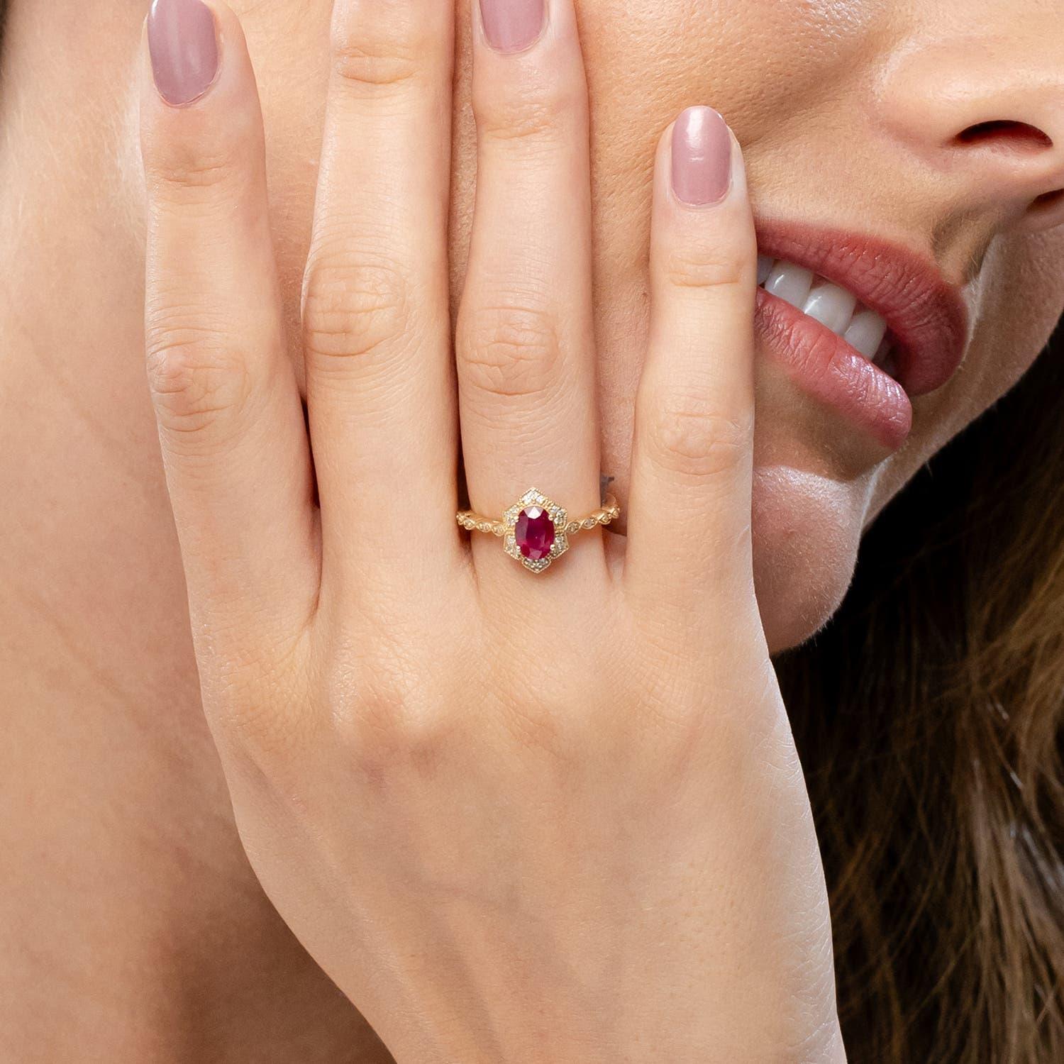 Oval Cut Angara Natural Oval 1 ct Ruby Trillium Floral Shank Ring in 14K Solid Gold For Sale