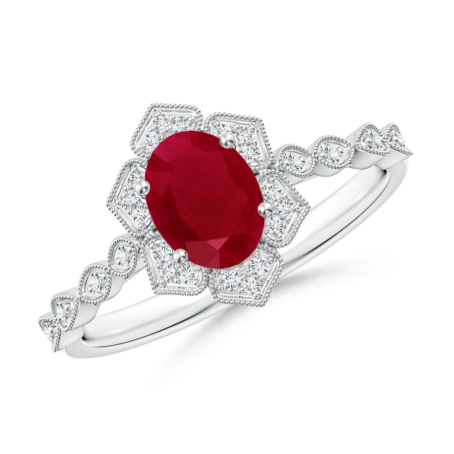 Angara Natural Oval 1 ct Ruby Trillium Floral Shank Ring in 14K Solid Gold For Sale 1