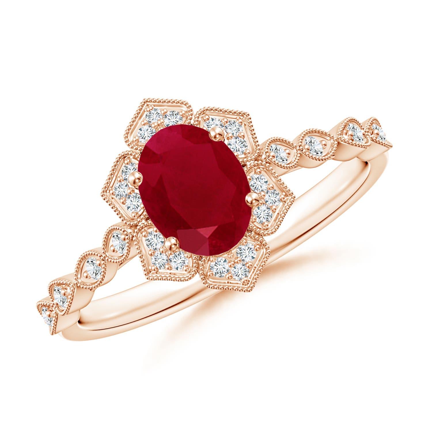 Angara Natural Oval 1 ct Ruby Trillium Floral Shank Ring in 14K Solid Gold For Sale 2