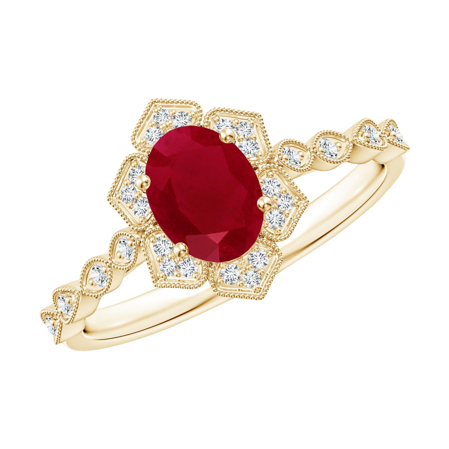 Angara Natural Oval 1 ct Ruby Trillium Floral Shank Ring in 14K Solid Gold