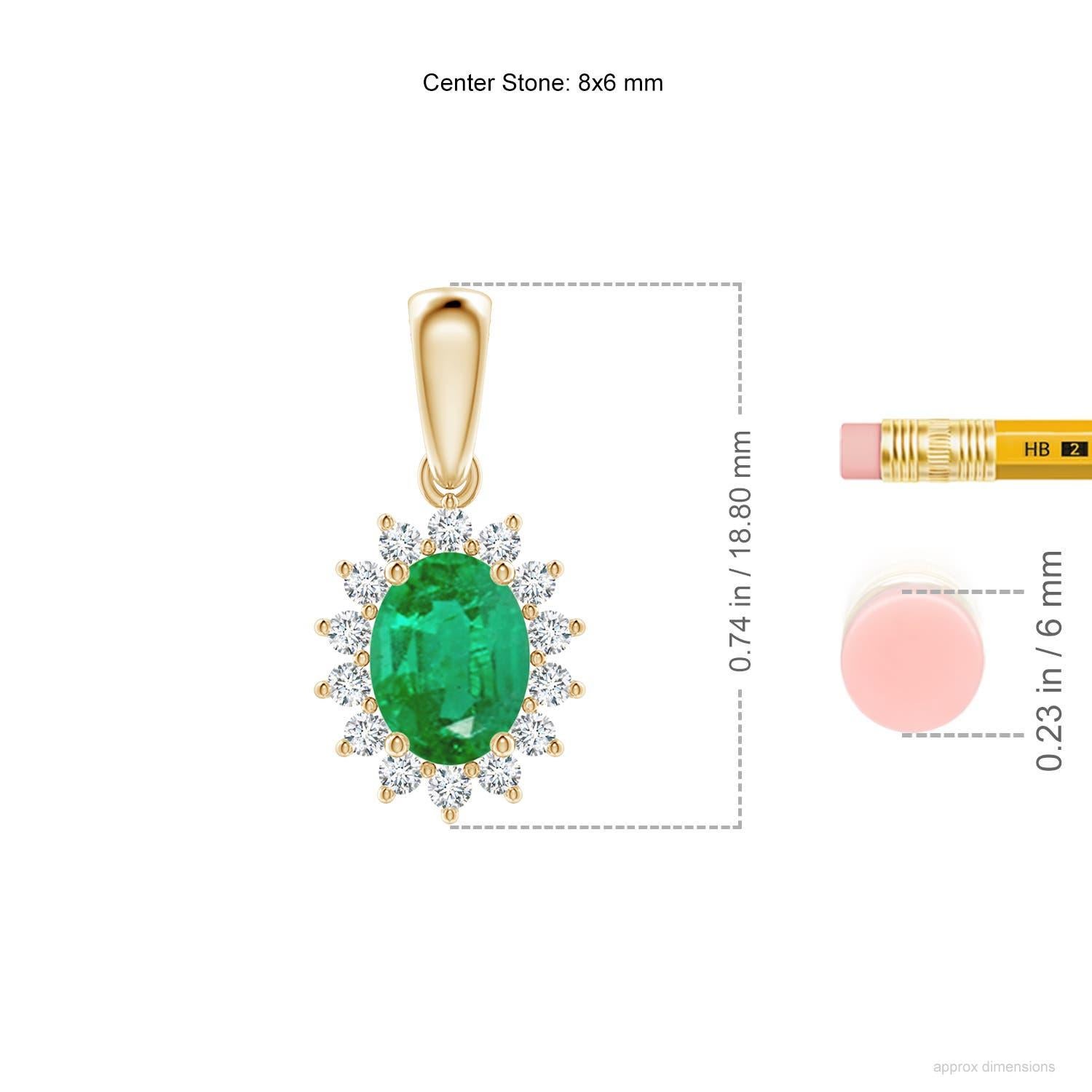 Taglio ovale Angara Ciondolo con smeraldo ovale naturale da 1,1 carati e diamante aureolato in oro massiccio 14 carati in vendita