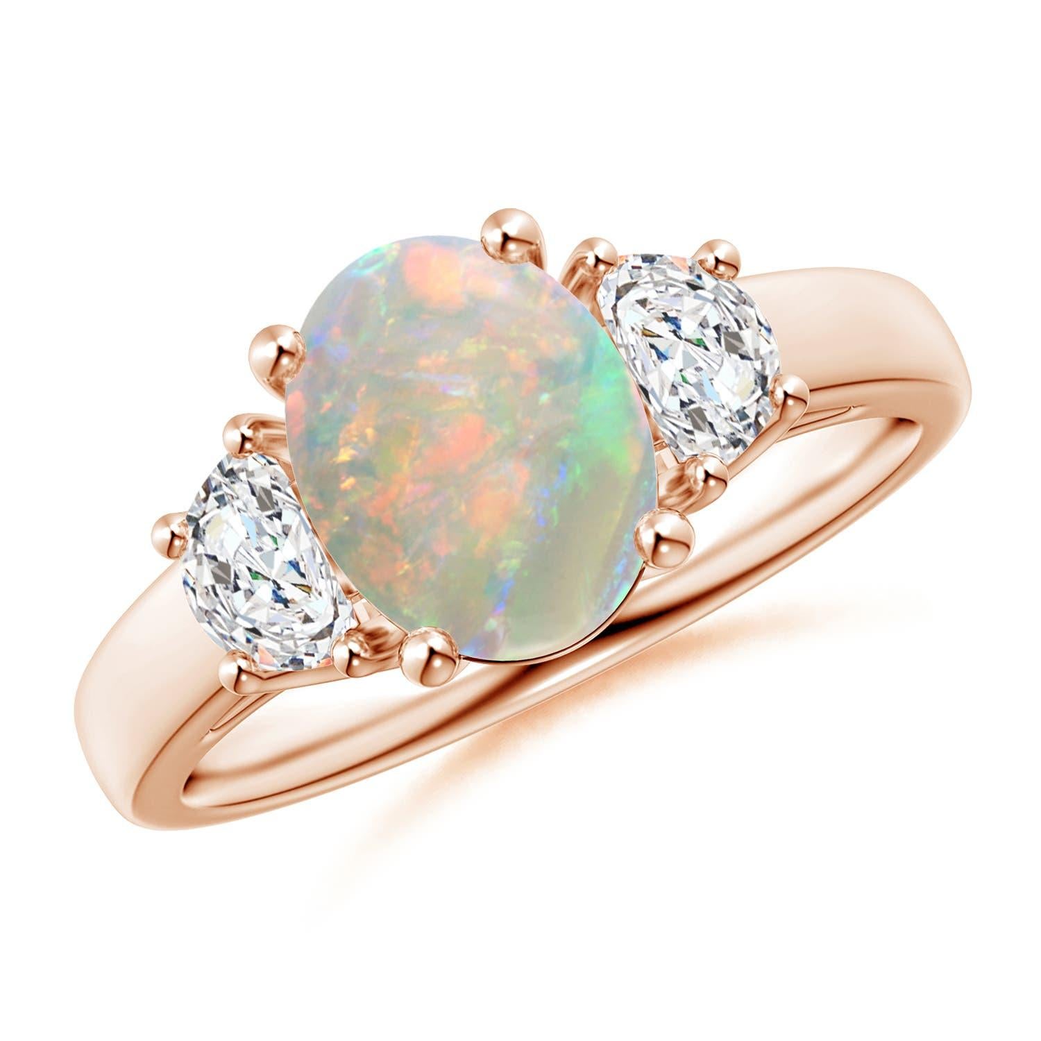 Anillo Angara de Ópalo Ovalado Natural de 1,1 ct y Diamante Media Luna en Oro Macizo de 14K en venta 1
