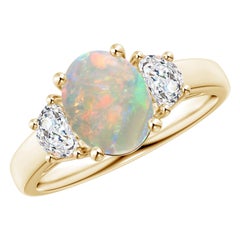 Angara Natural Oval 1.1 ct Opal and Half Moon Diamond Ring in 14K Solid Gold