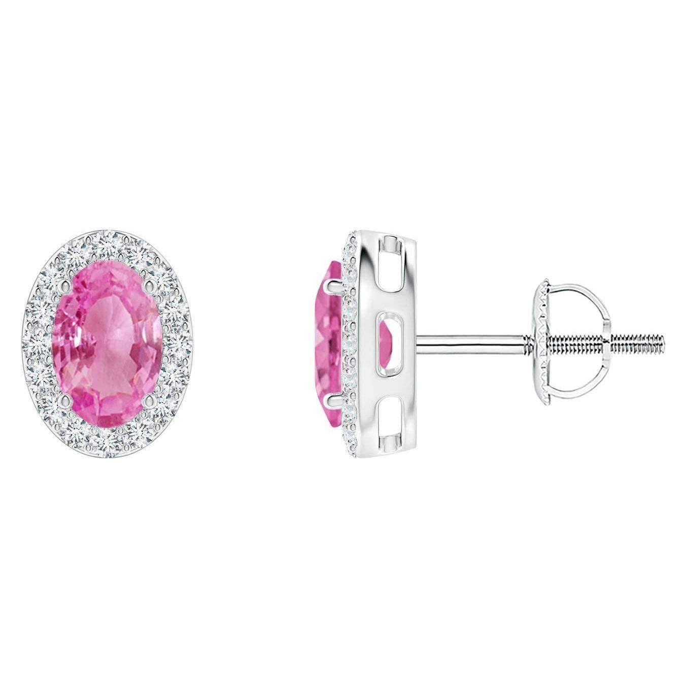 Angara - Boucles d
oreilles Halo en or 14 carats avec saphir rose ovale de 1,1 carat et diamant