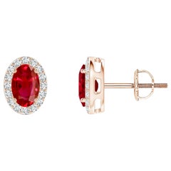 ANGARA Natural Oval 1.20ct Ruby Studs with Diamond Halo in 14K Rose Gold