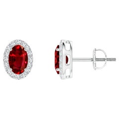ANGARA Natural Oval 1.20ct Ruby Studs with Diamond Halo in 14K White Gold