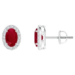 ANGARA Natural Oval 1.20ct Ruby Studs with Diamond Halo in 14K White Gold