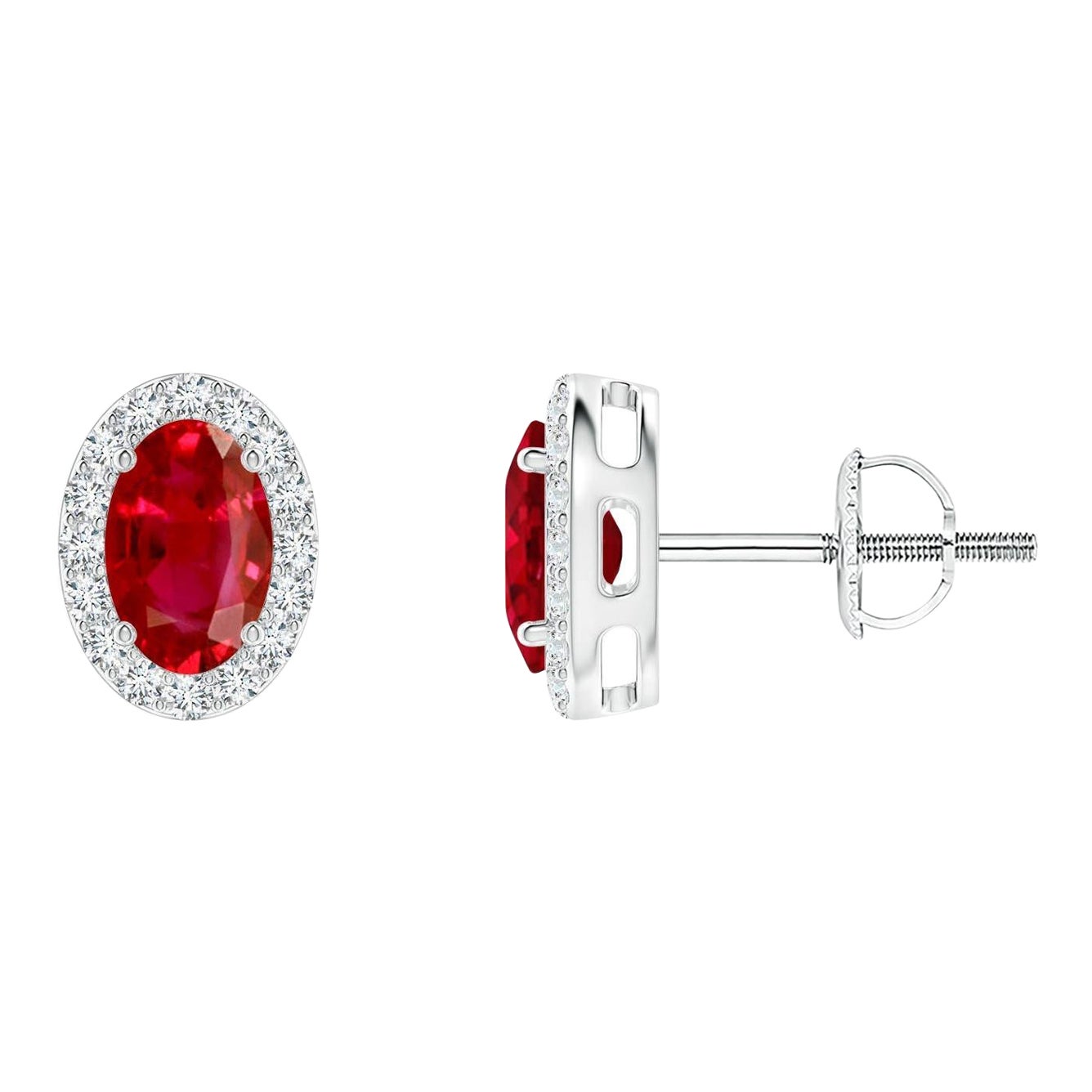 ANGARA Pendientes de rubí natural ovalado de 1,20 ct con halo de diamantes en oro blanco de 14 quilates