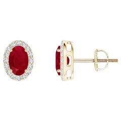 ANGARA Natural Oval 1.20ct Ruby Studs with Diamond Halo in 14K Yellow Gold