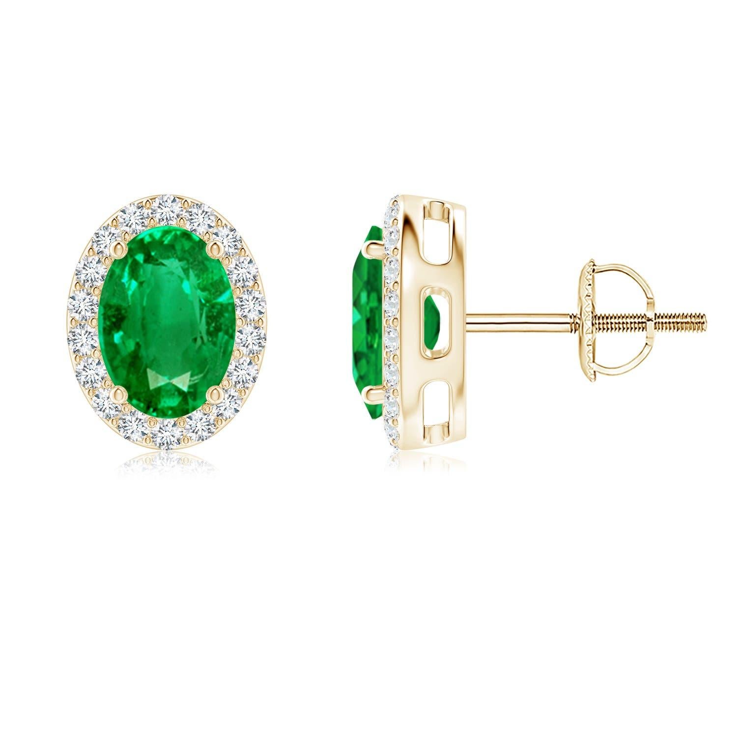 Angara - Boucles d'oreilles émeraude ovale naturelle de 1,32 ct avec halo de diamants en or 14K Pour femmes en vente