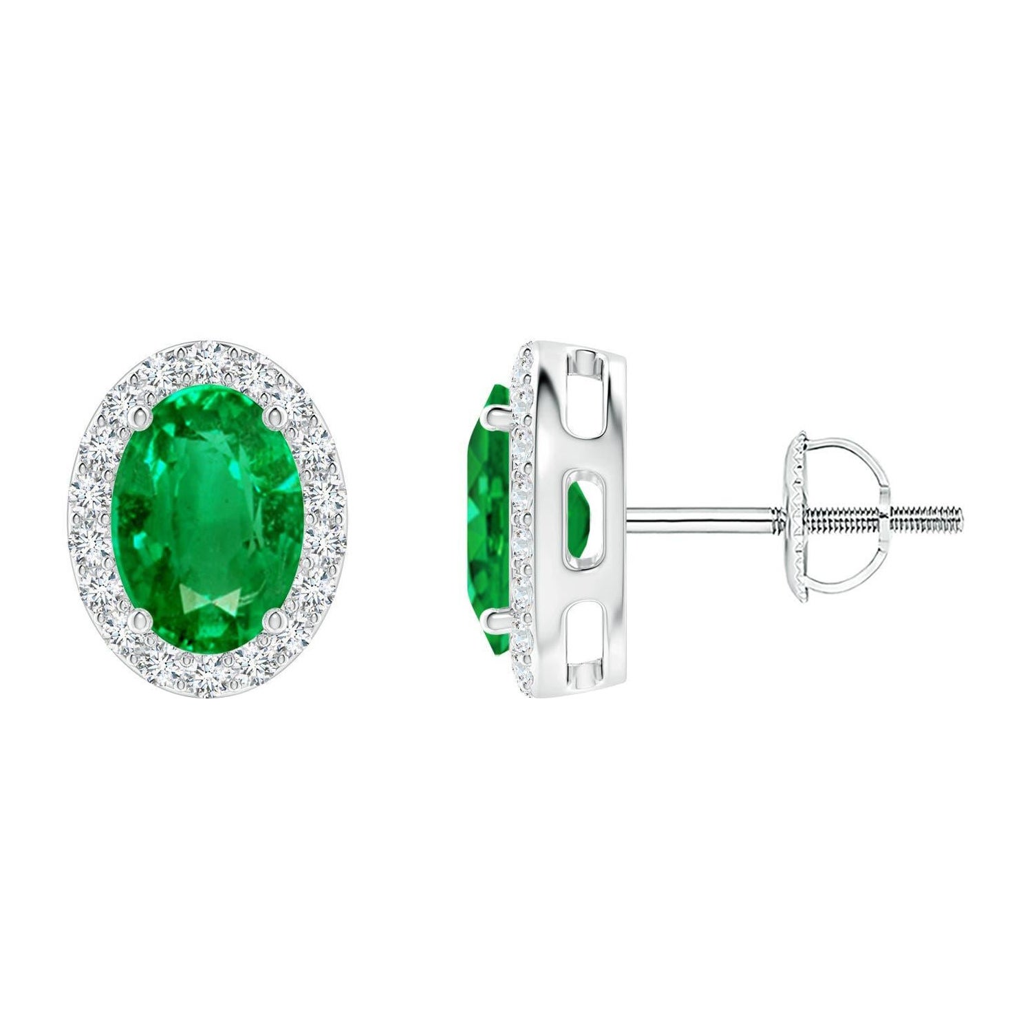 Angara - Boucles d'oreilles émeraude ovale naturelle de 1,32 ct avec halo de diamants en or 14K