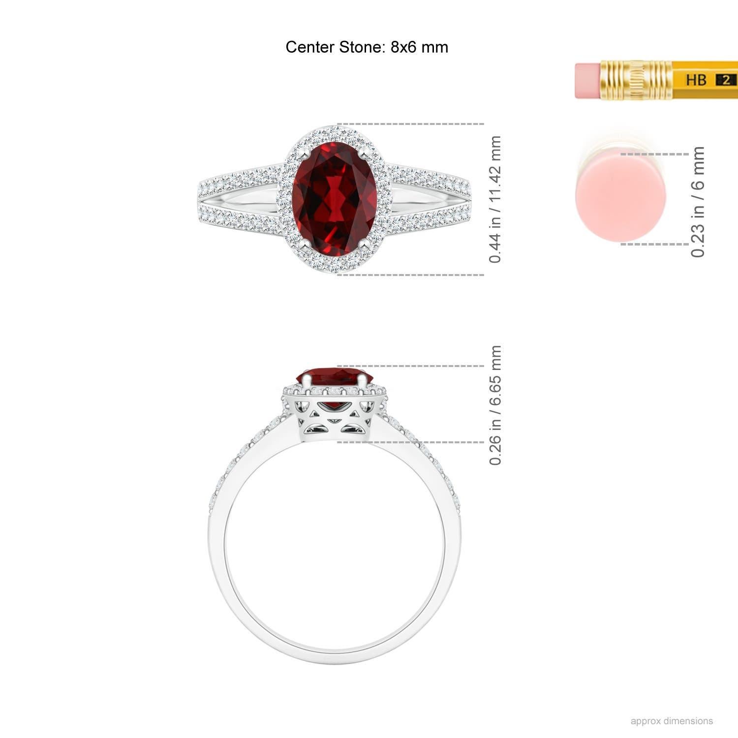 Women's Angara Natural Oval 1.45 ct Garnet Split Shank Halo Ring in 14K Solid Gold For Sale