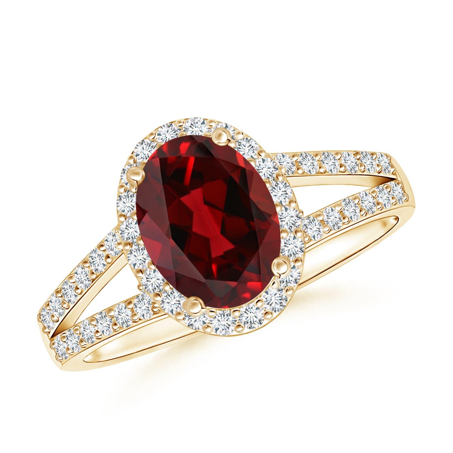Angara Natural Oval 1.45 ct Garnet Split Shank Halo Ring in 14K Solid Gold For Sale 1