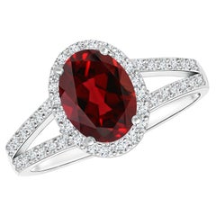 Angara Natural Oval 1.45 ct Garnet Split Shank Halo Ring in 14K Solid Gold