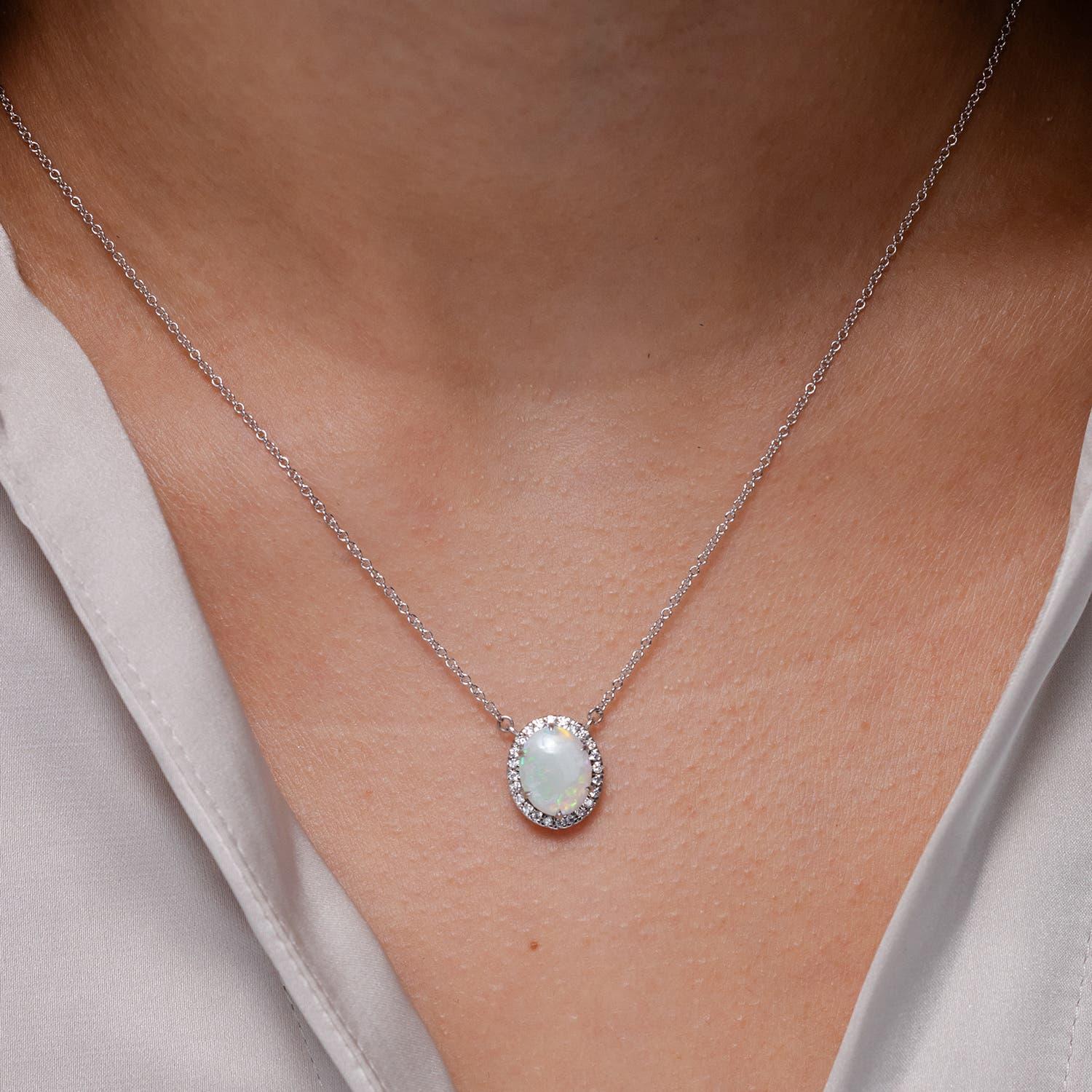 Modern Angara Natural Oval 1.45ct Opal Ellipse Halo Pendant in 14K Solid Gold for Women For Sale