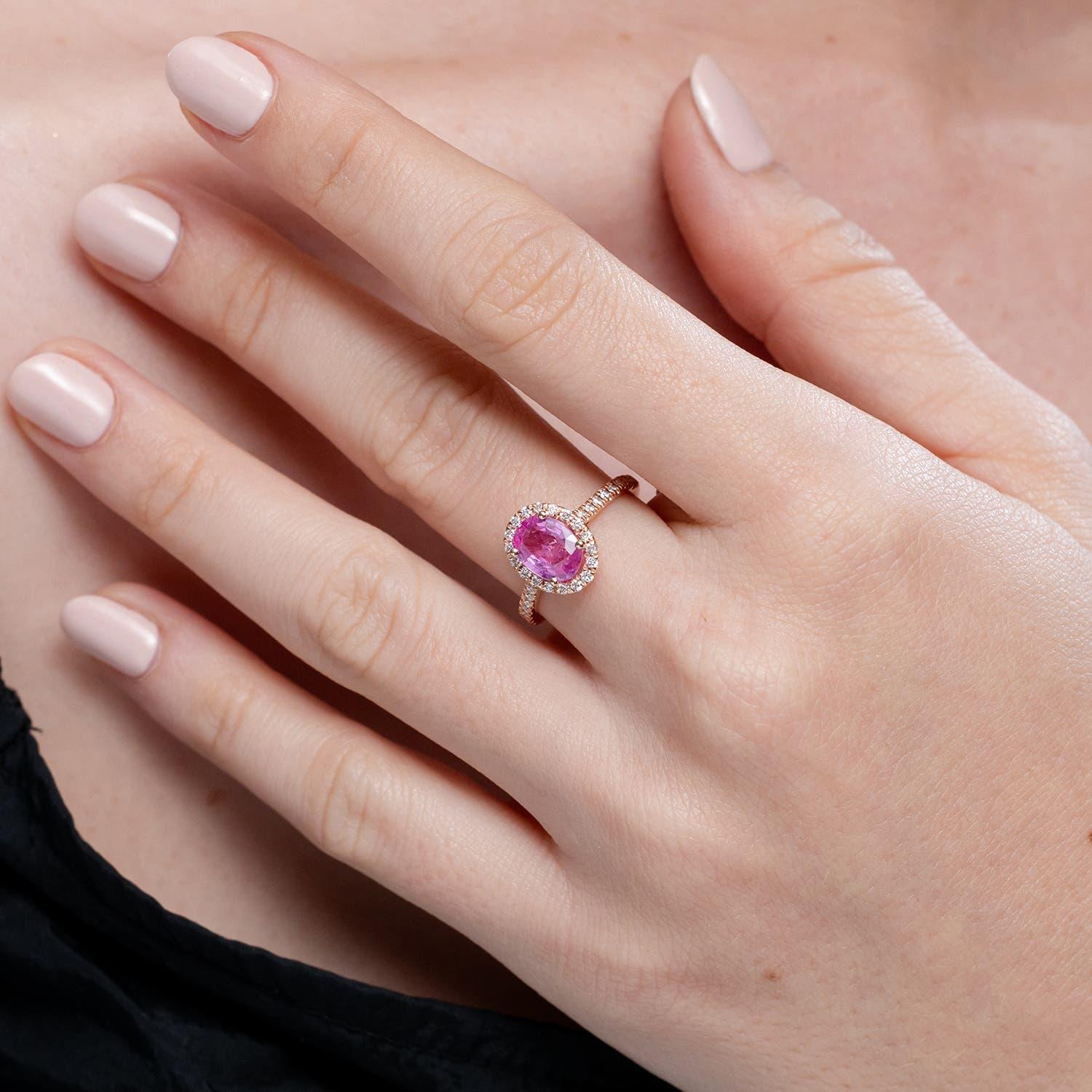 Modern Angara Natural Oval 1.45ct Pink Sapphire Halo Ring with Diamond 14K Solid Gold For Sale