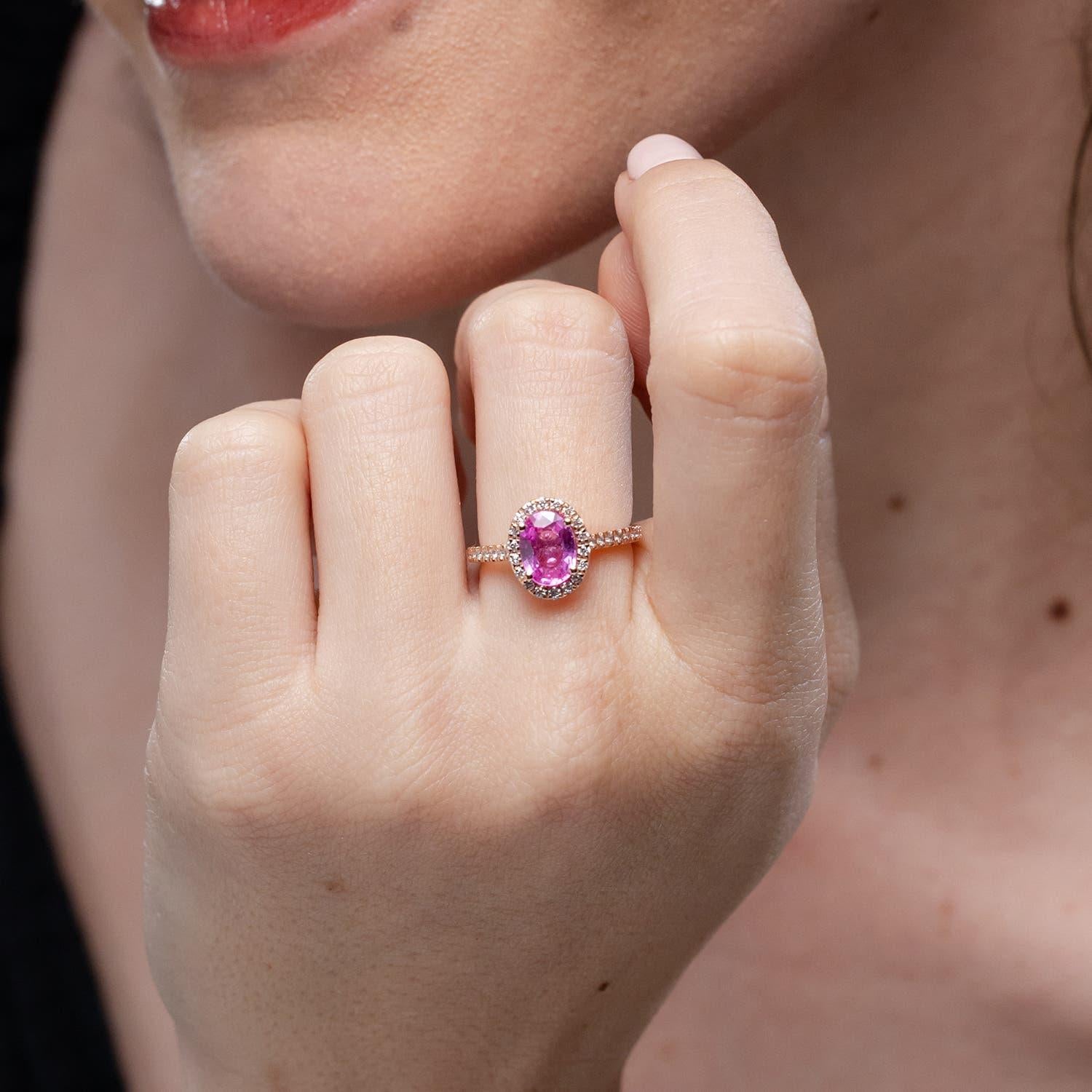 Oval Cut Angara Natural Oval 1.45ct Pink Sapphire Halo Ring with Diamond 14K Solid Gold For Sale