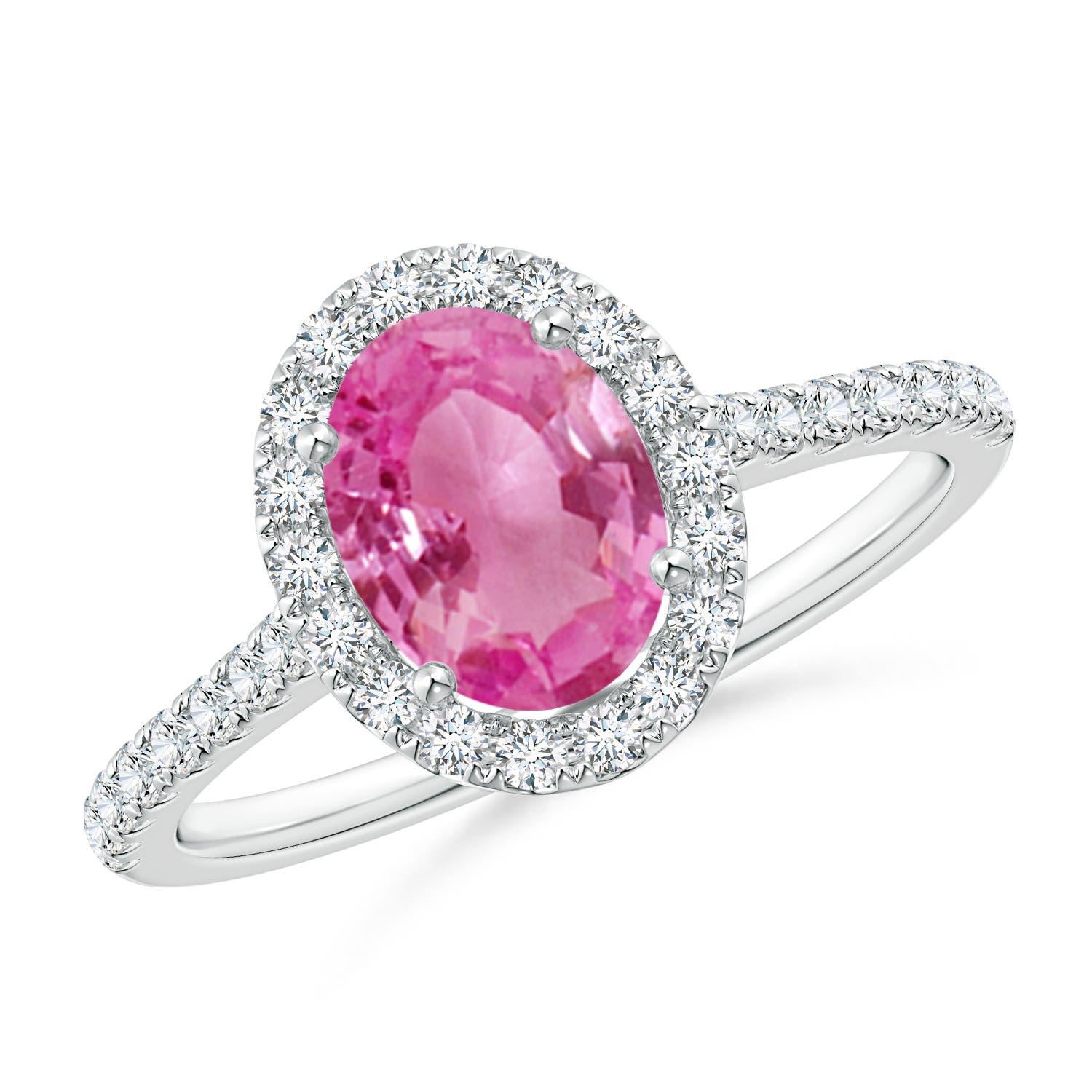 Angara Natural Oval 1.45ct Pink Sapphire Halo Ring with Diamond 14K Solid Gold For Sale 2