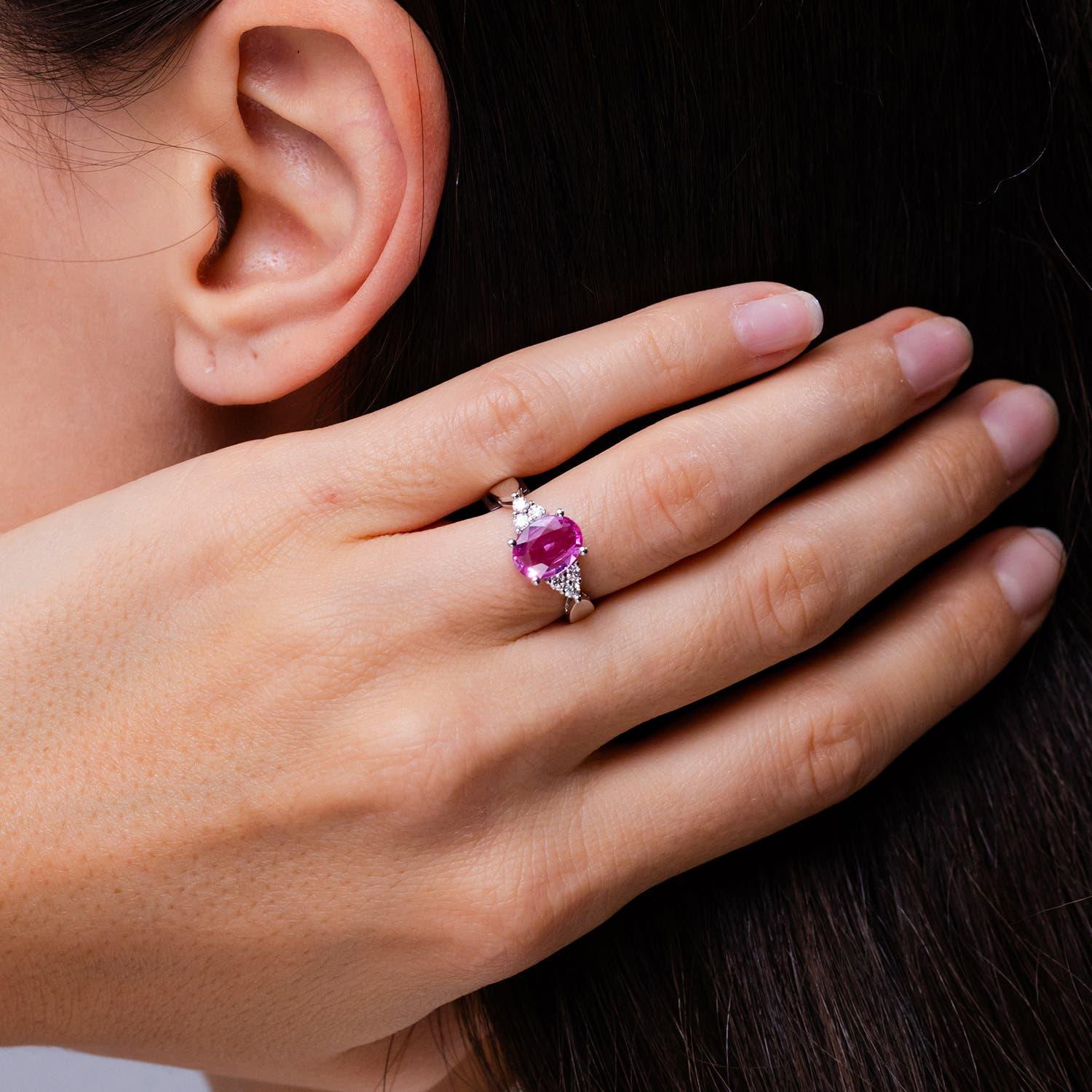 Modern Angara Natural Oval 1.9 ct Pink Sapphire Cocktail Ring With Diamond in 14K Gold For Sale