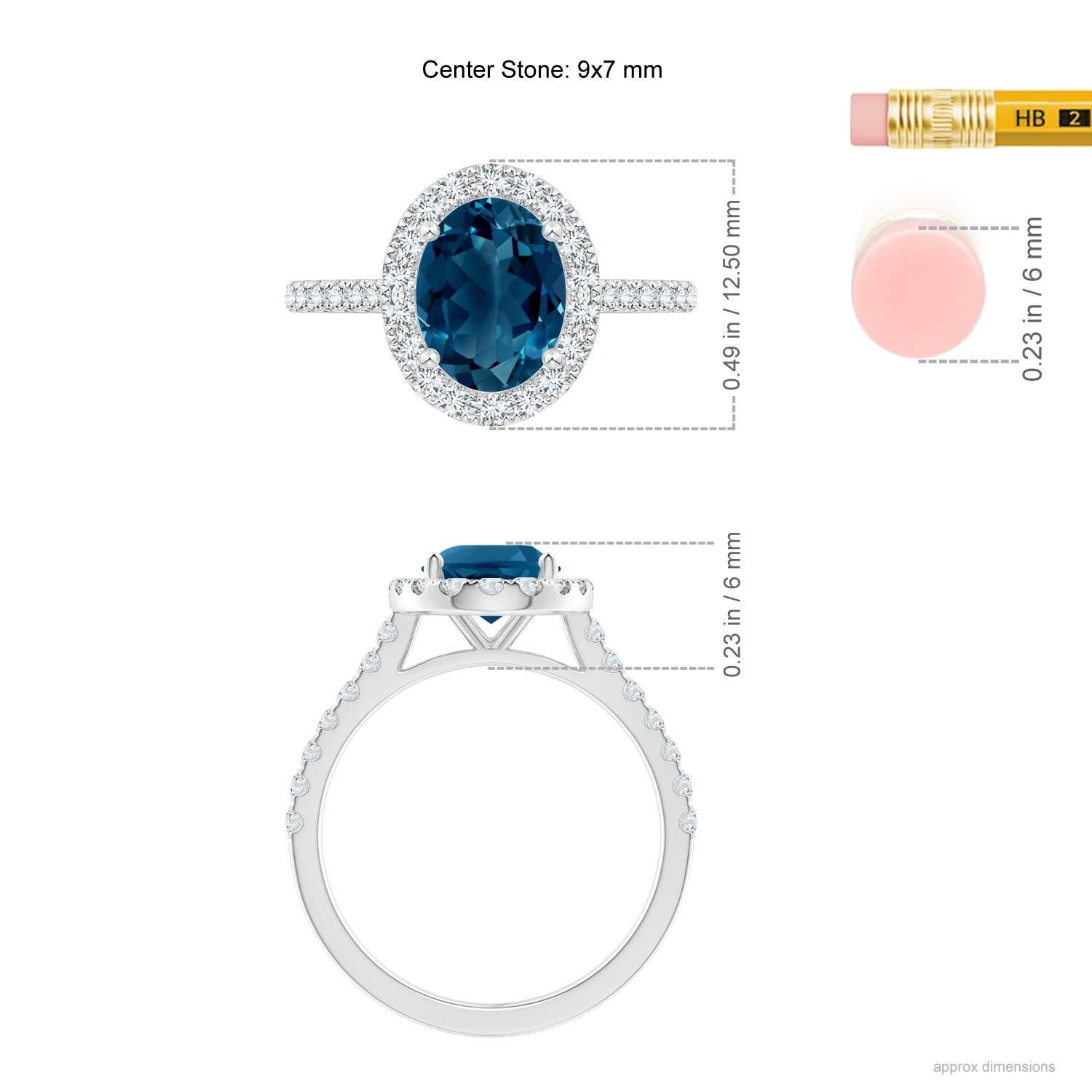 Women's Angara Natural Oval 2.25 ct London Blue Topaz Halo Ring with Diamond in 14K Gold For Sale