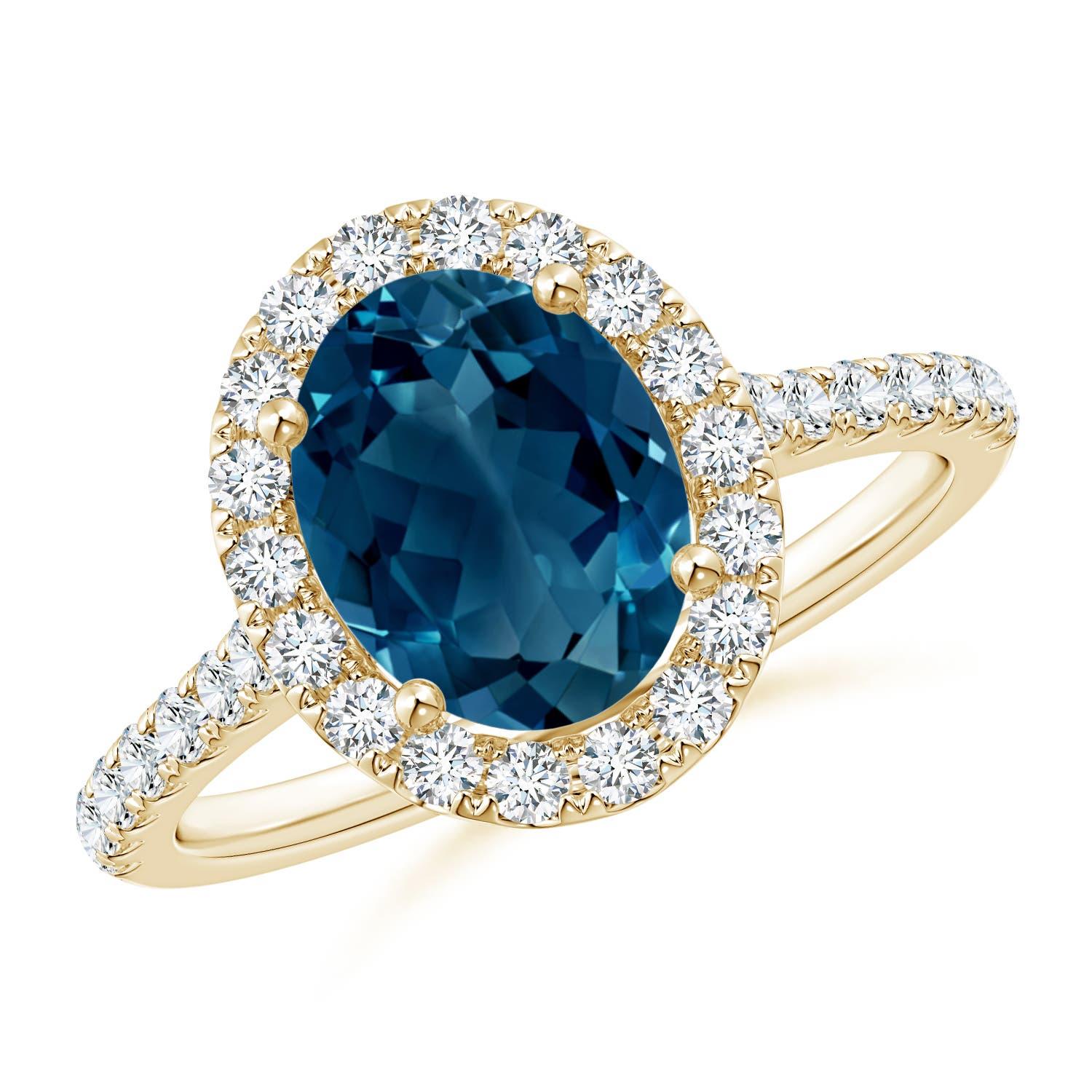 Angara Natural Oval 2.25 ct London Blue Topaz Halo Ring with Diamond in 14K Gold For Sale 1
