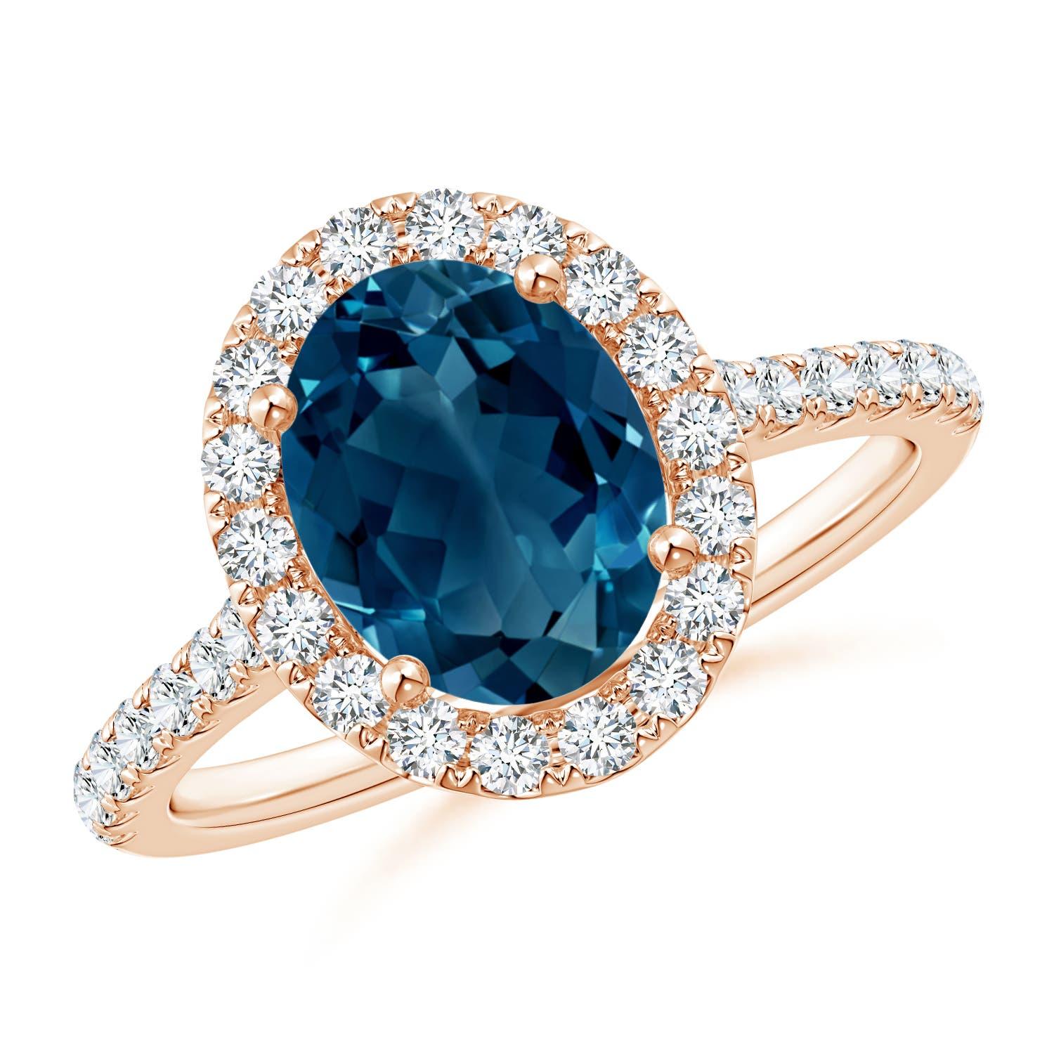 Angara Natural Oval 2.25 ct London Blue Topaz Halo Ring with Diamond in 14K Gold For Sale 2