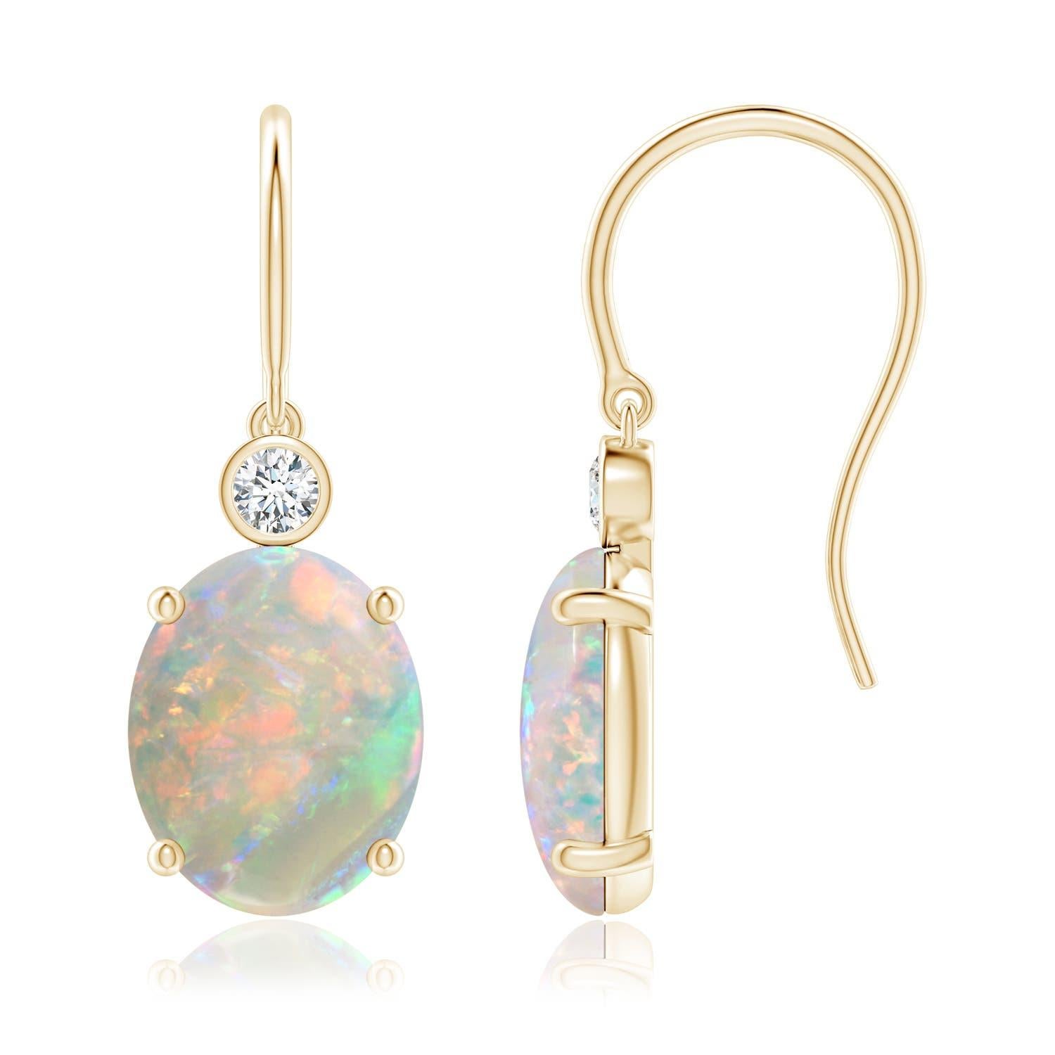 Boucles d'oreilles crochet poisson en or 14K avec Opale Naturelle Ovale 2.9 ct et Diamants en vente 1