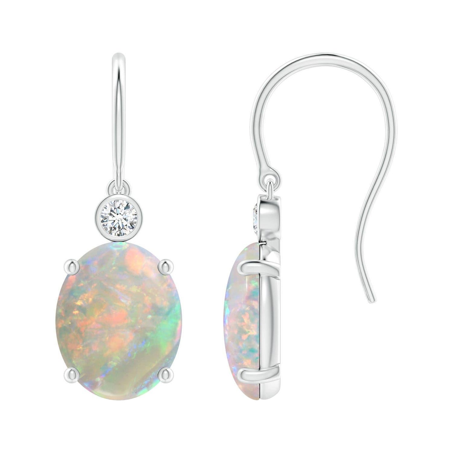 Boucles d
oreilles crochet poisson en or 14K avec Opale Naturelle Ovale 2.9 ct et Diamants