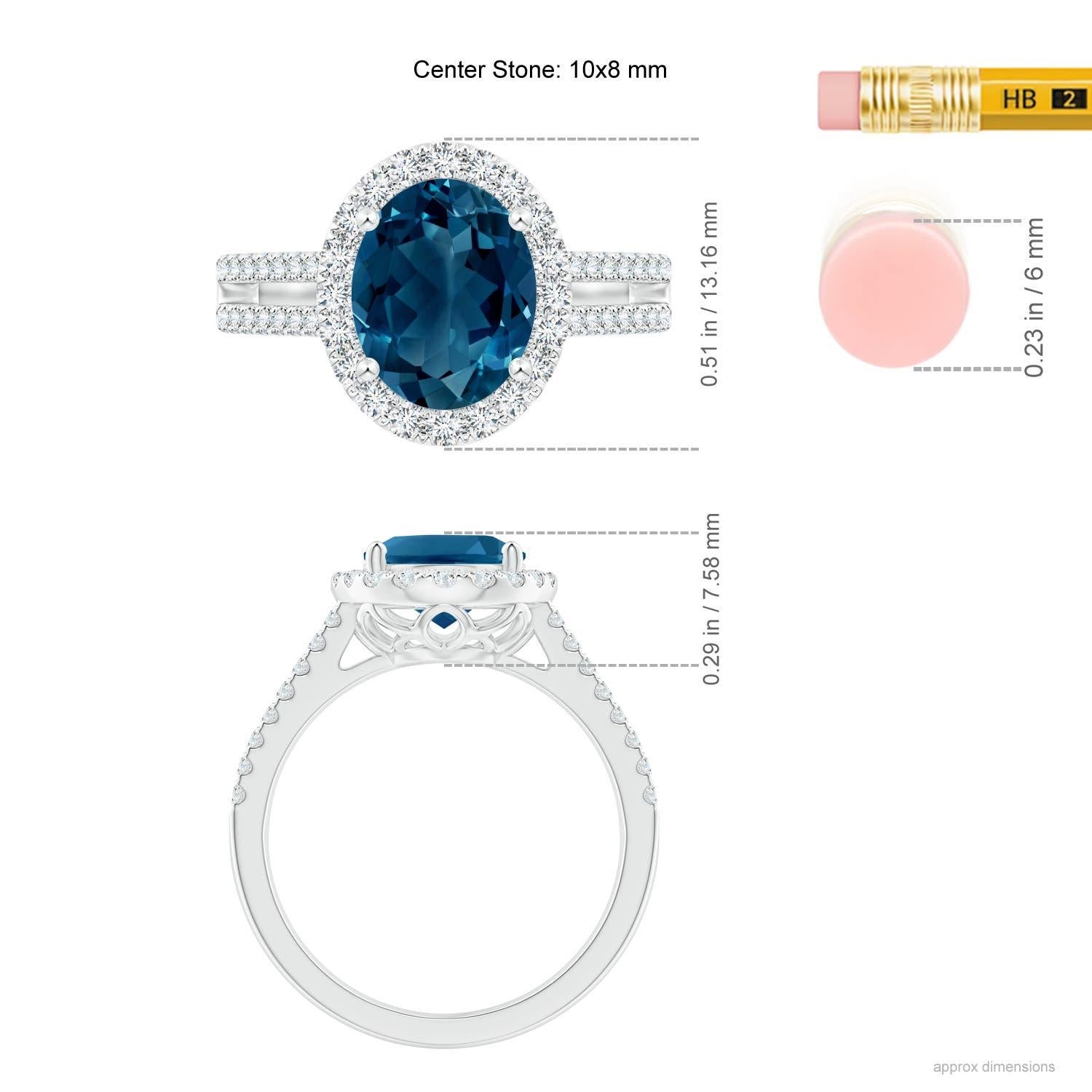 Anello Angara Oval 3,25 ct London Blue Topaz Split Shank Halo in oro 14 carati in vendita 1