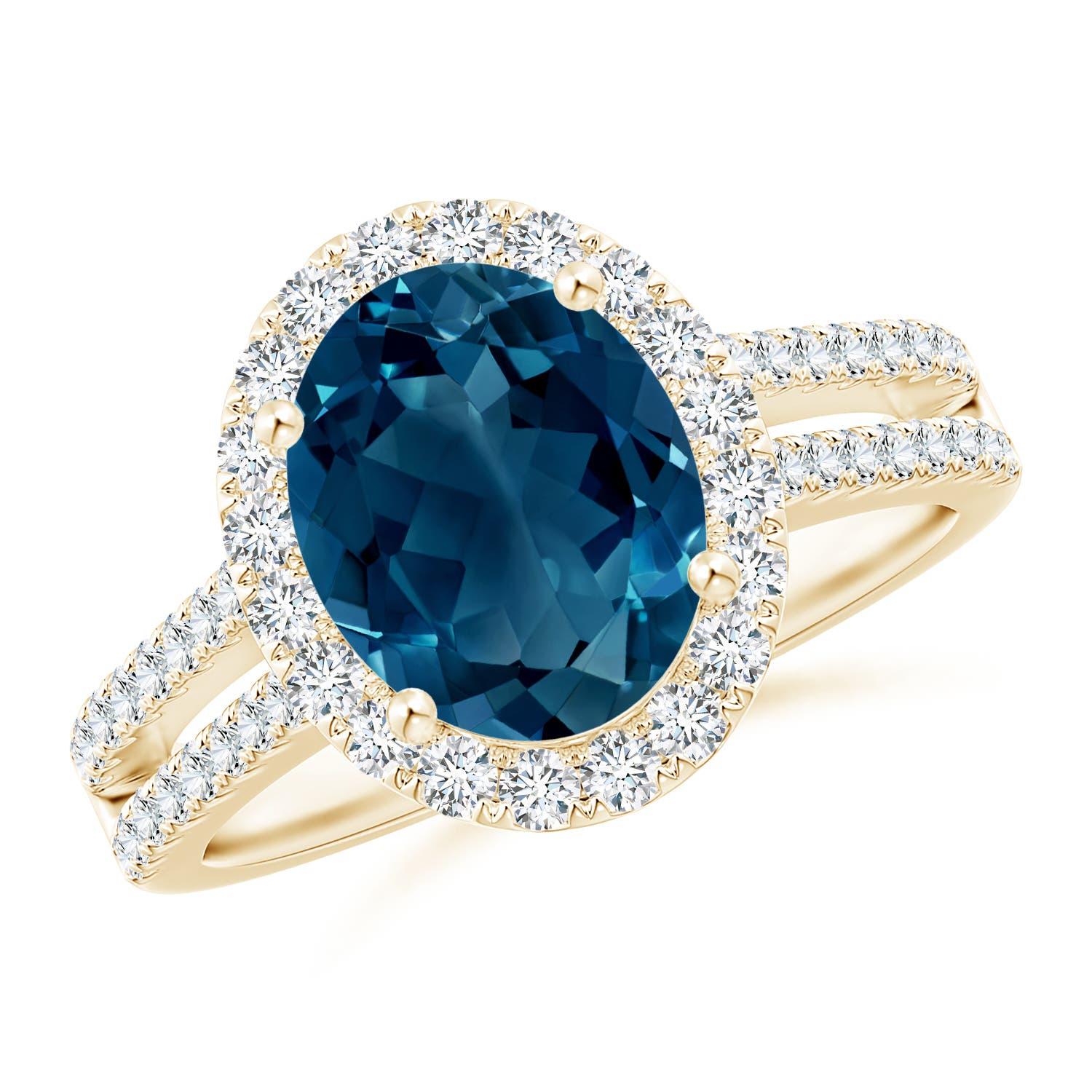 Anello Angara Oval 3,25 ct London Blue Topaz Split Shank Halo in oro 14 carati in vendita 2
