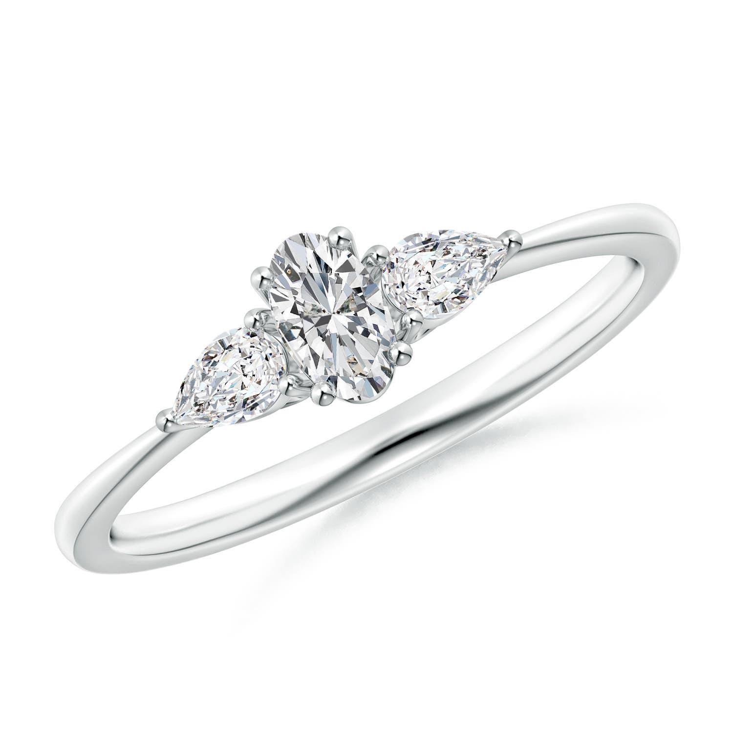 Women's Angara Natural Oval and Pear-Shaped Diamond Three Stone Ring in 14K Solid Gold For Sale