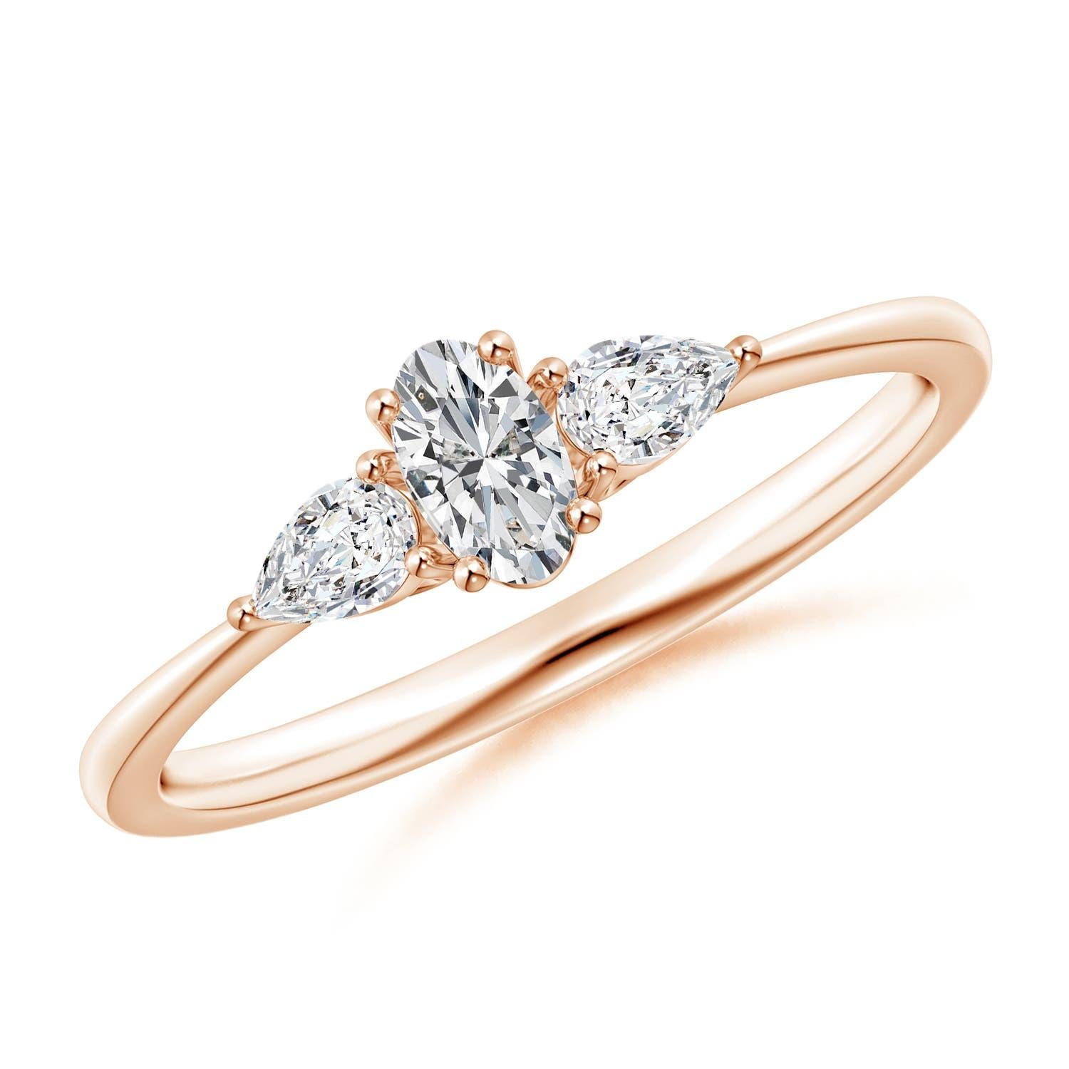 Angara Natural Oval and Pear-Shaped Diamond Three Stone Ring in 14K Solid Gold For Sale 1