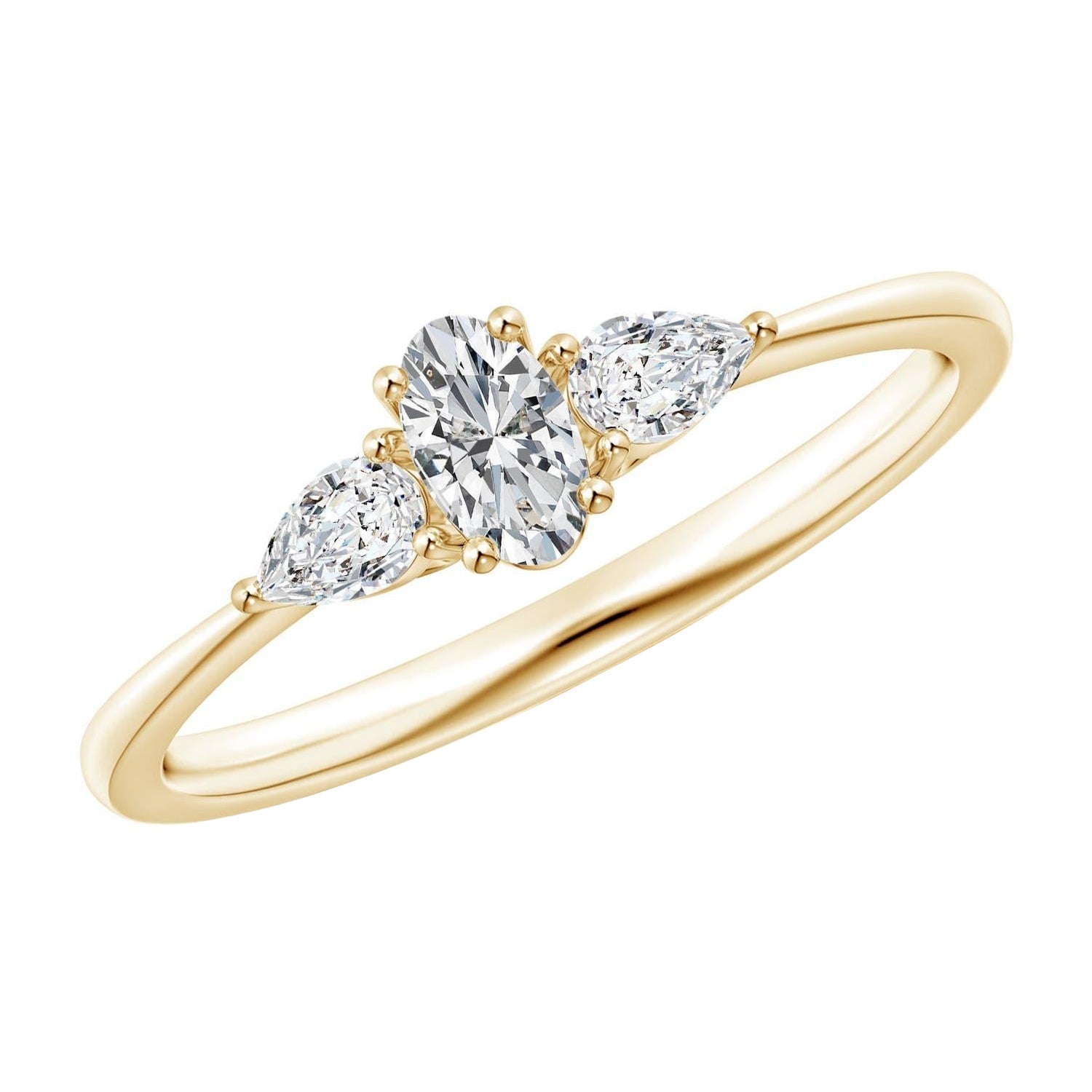 Angara Natural Oval and Pear-Shaped Diamond Three Stone Ring in 14K Solid Gold For Sale