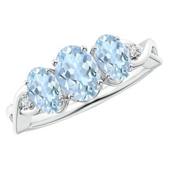 Angara Natural Oval Aquamarine Three Stone Engagement Ring in 14K Solid Gold