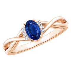 Angara Anello incrociato con zaffiro blu ovale naturale e diamante in oro massiccio 14 carati