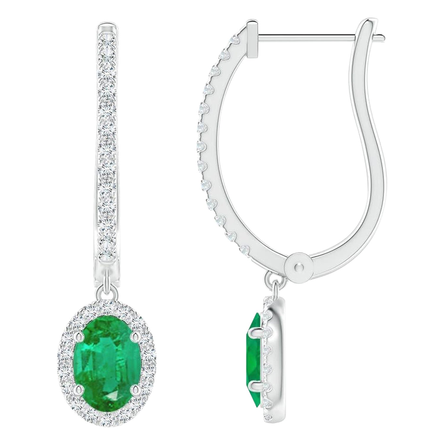 Angara - Boucles d
oreilles pendantes en or massif 14 carats - Emeraude ovale naturelle - Halo Huggie Hoop