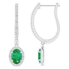 Angara - Boucles d
oreilles pendantes en or massif 14 carats - Emeraude ovale naturelle - Halo Huggie Hoop