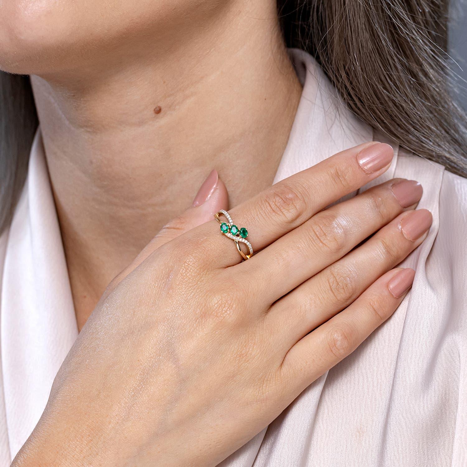 Modern Angara Natural Oval Emerald Three Stone Ring with Diamonds in 14K Solid Gold For Sale