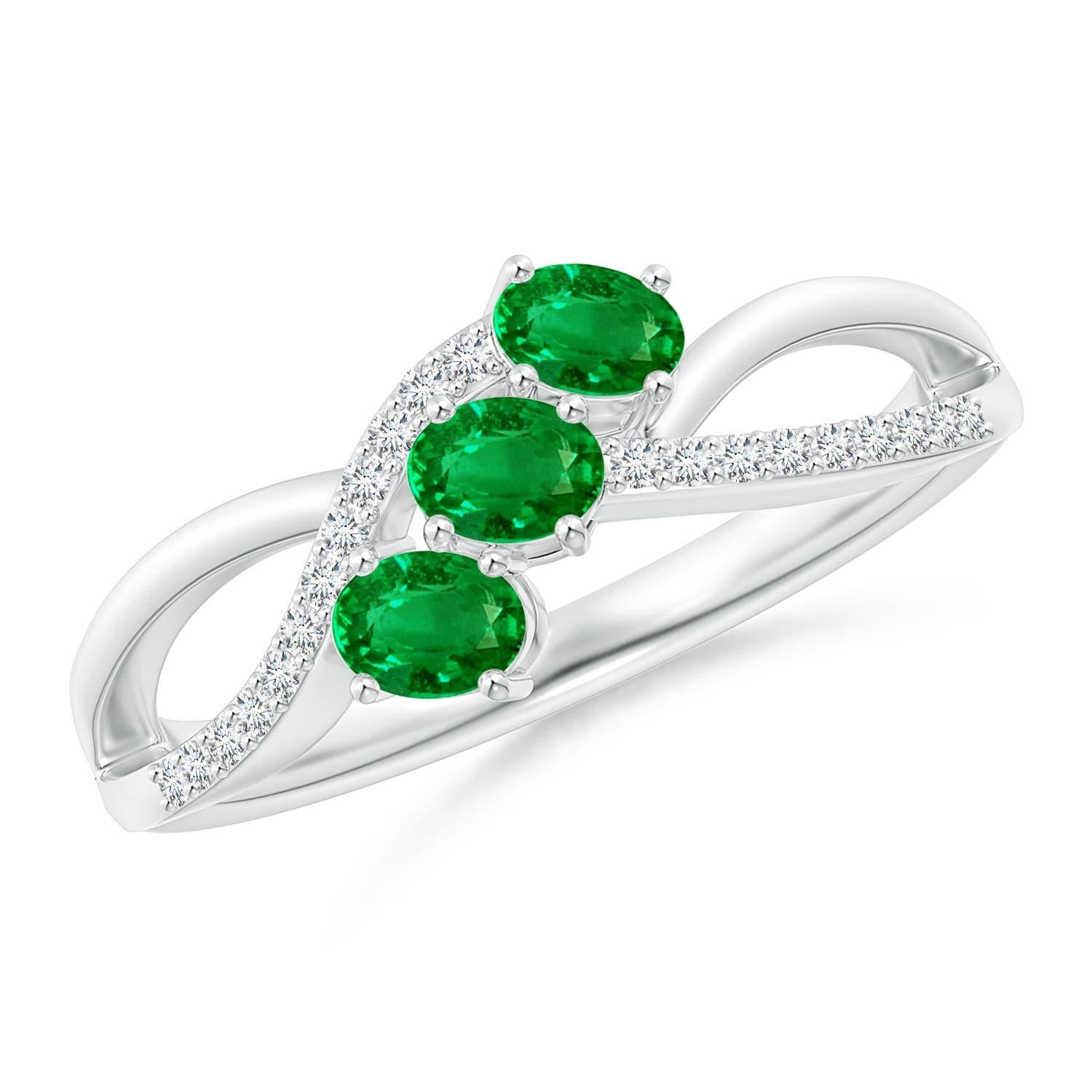 Women's Angara Natural Oval Emerald Three Stone Ring with Diamonds in 14K Solid Gold For Sale