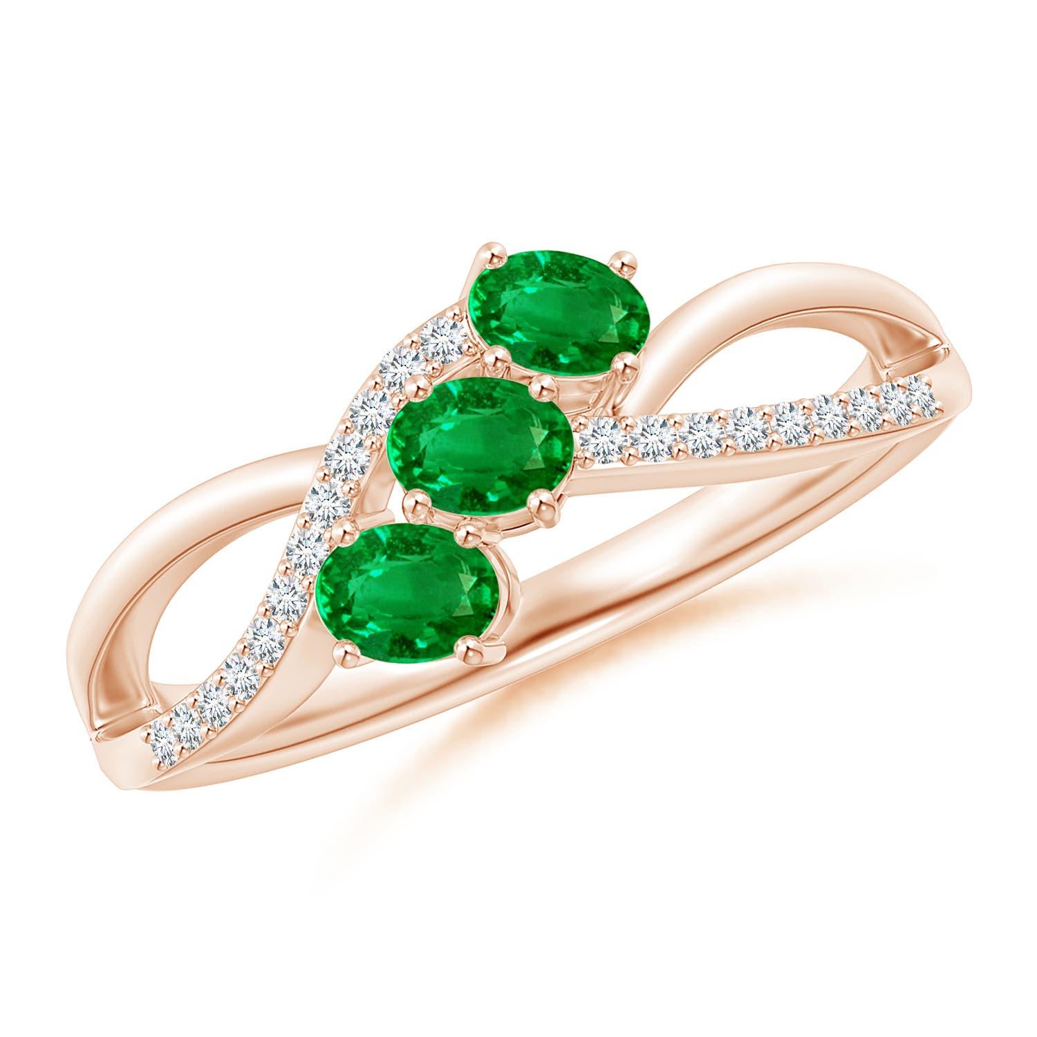 Angara Natural Oval Emerald Three Stone Ring with Diamonds in 14K Solid Gold For Sale 1
