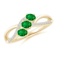 Angara Natural Oval Emerald Three Stone Ring with Diamonds in 14K Solid Gold