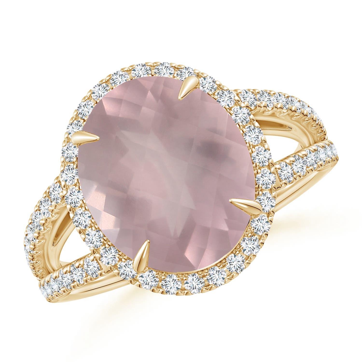 Anillo Angara de Cuarzo Rosa Natural Ovalado Certificado GIA de 4,31 ct con Halo en Oro de 14K en venta 3